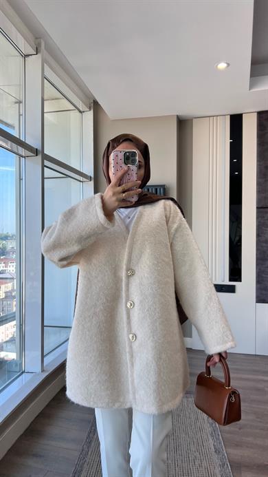 Kruvaze Yaka Buklet Hırka Krem