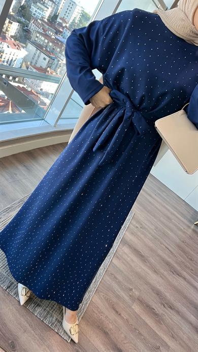 Taşlı Modal Elbise Lacivert