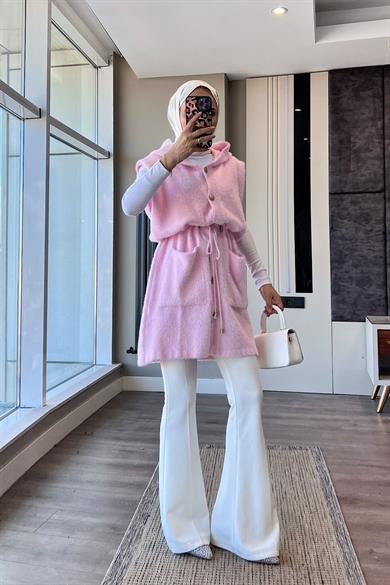 Kapüşonlu Yumoş Yelek Pembe