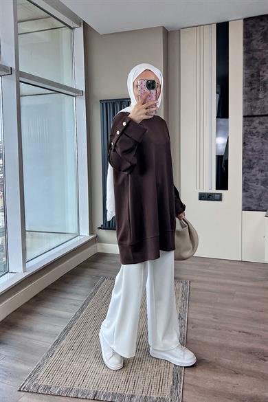 Kolu Düğme Detaylı Sweat Kahverengi