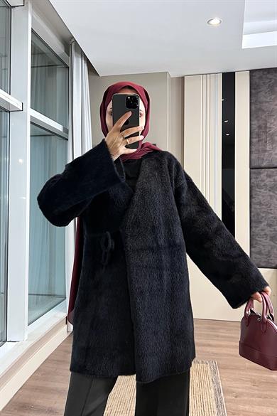 İçten Bağlama Detaylı Yumoş Hırka Siyah