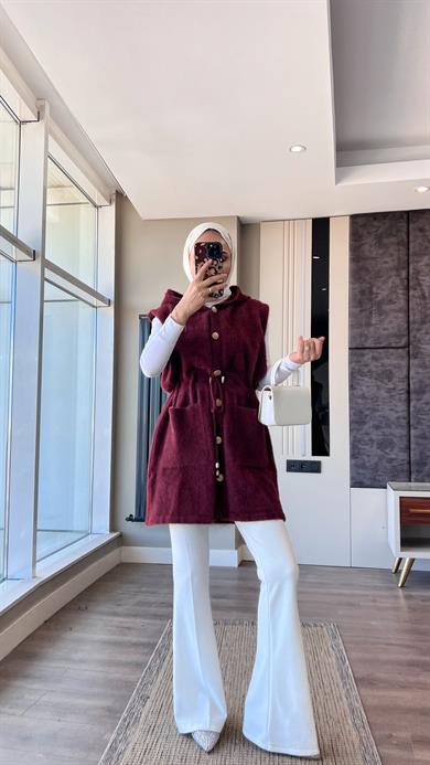 Kapşonlu Yumoş Yelek Bordo