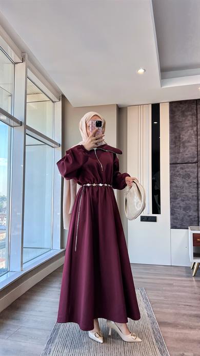 Yakası Geniş Skuba Elbise Bordo