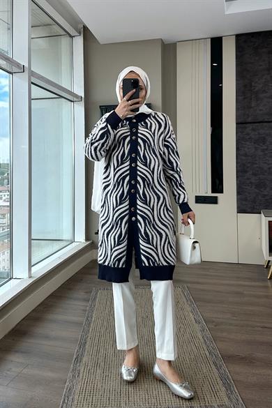 Zebra Desen Yumoş Hırka Lacivert 