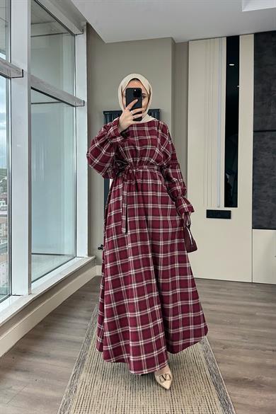 Ekose Desen Elbise Bordo