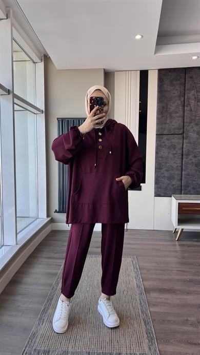Kapüşonlu Modal Takım Bordo