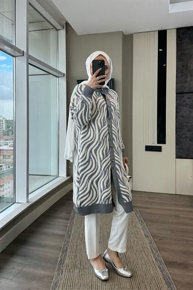 Zebra Desen Yumoş Hırka Gri