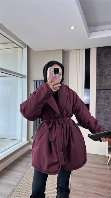 Düz Kuşaklı Şişme Mont Bordo