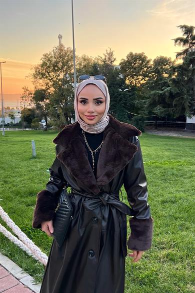 Yakası Kürklü Deri Trenç Kahverengi
