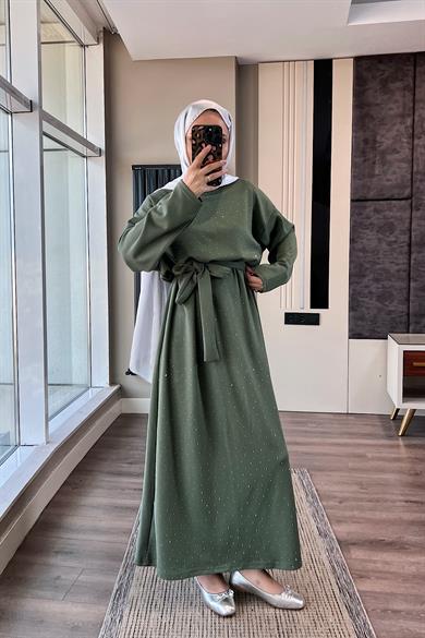 Taşlı Modal Elbise Yeşil