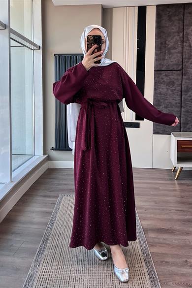 Taşlı Modal Elbise Bordo