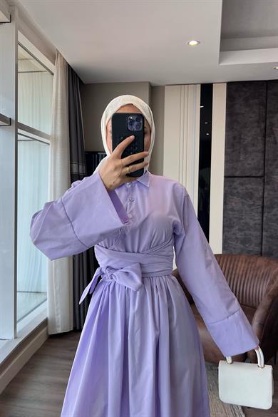 Bağlama Detaylı Poplin Elbise Lila 