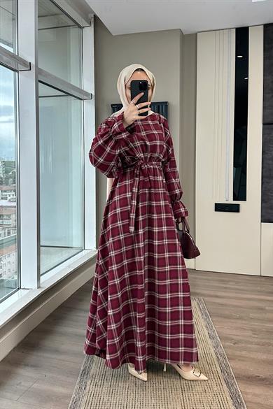 Ekose Desen Elbise Bordo