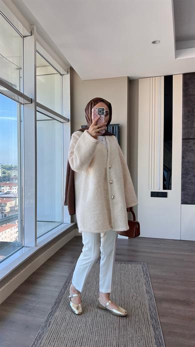 Kruvaze Yaka Buklet Hırka Krem