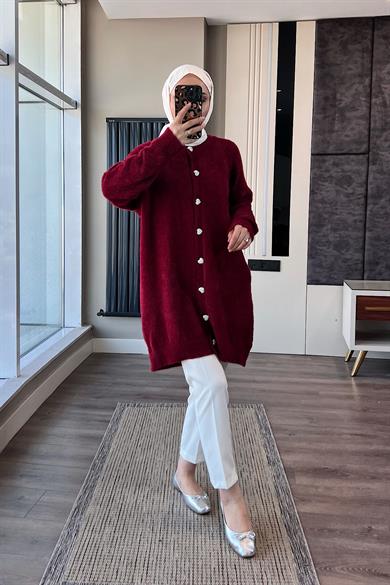 Kalp Düğmeli Yumoş Hırka Bordo