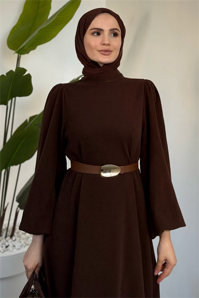 Kemerli Balon Kol Elbise Kahverengi 
