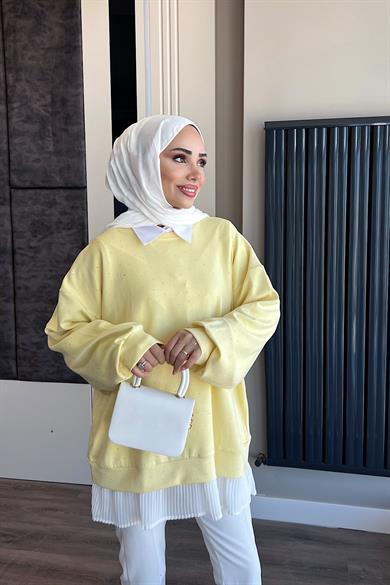 Kendinden Pileli Taşlı Sweat Sarı