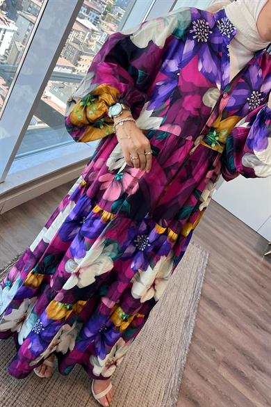 Çiçek Desenli Yarım Patlı Elbise Mor