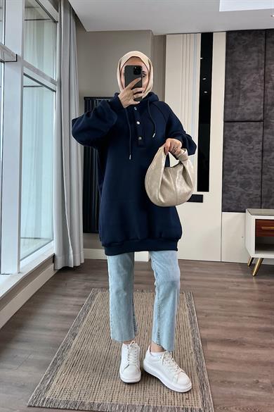 Yakası Çıtçıt Detaylı Sweat Lacivert 