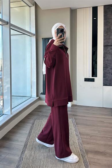Yakası Fermuarlı Takım Bordo