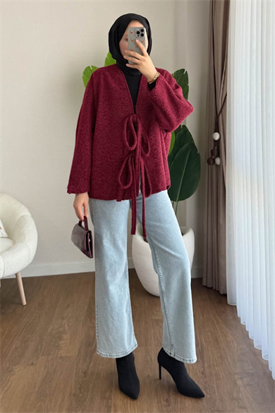 Önü Bağcıklı Kaşmir Ceket Bordo