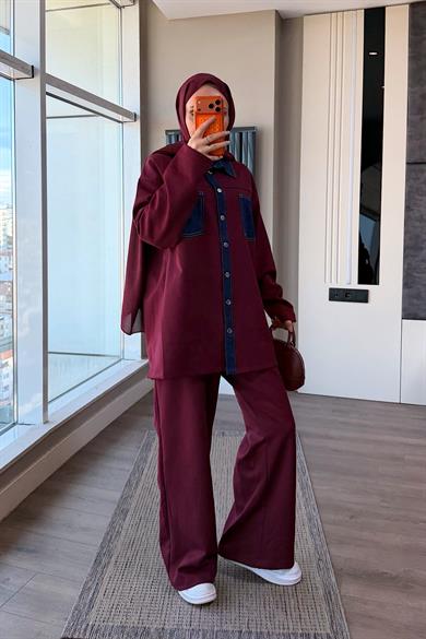 Denim Detaylı Oysho Takım Bordo