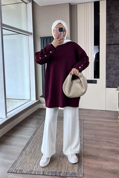 Kolu Düğme Detaylı Sweat Bordo