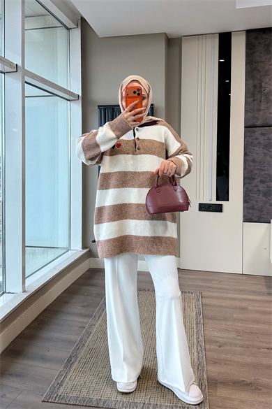 Polo Yaka Camel Beyaz Çizgili Yumoş Tunik