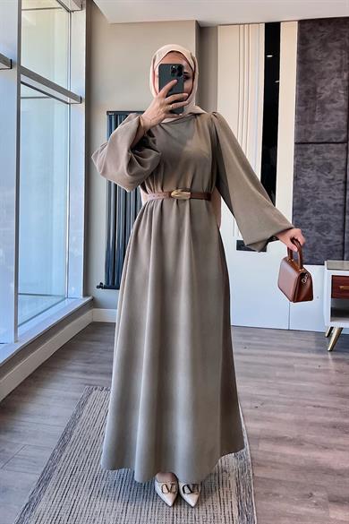 Kemerli Balon Kol Elbise Vizon