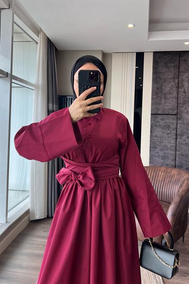 Bağlama Detaylı Poplin Elbise Bordo