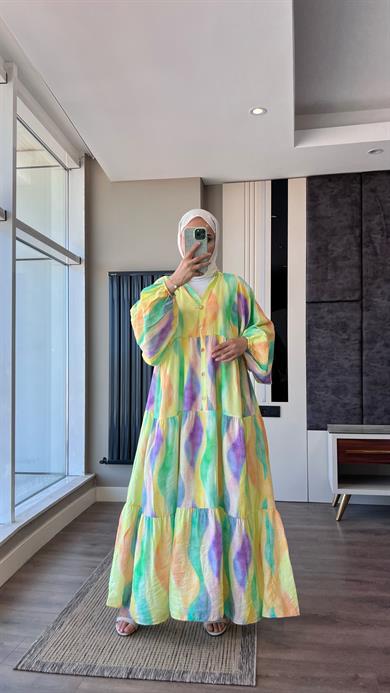 Yarım Patlı Desenli Elbise Sarı-Mor