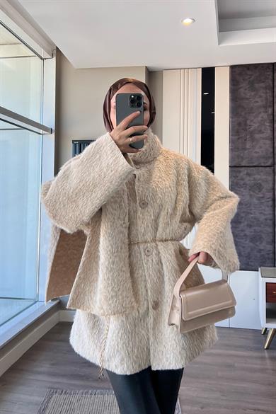 Atkılı Peluş Ceket Krem