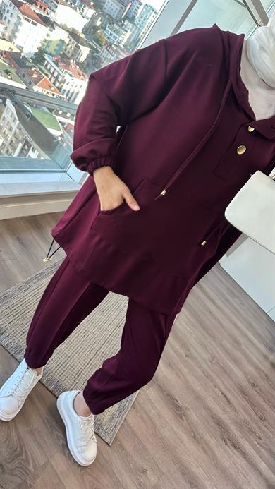 Paçası Pensli Kapüşonlu Takım Bordo