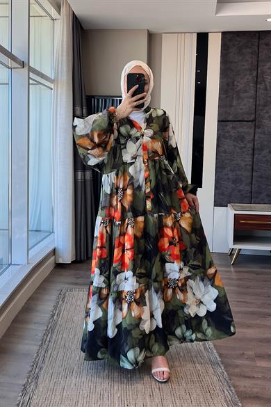 Çiçek Desenli Yarım Patlı Elbise Yeşil