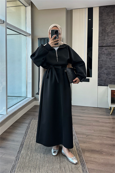 Yakası Fermuarlı Skuba Elbise Siyah