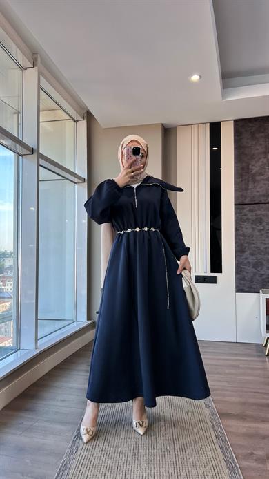 Yakası Geniş Skuba Elbise Lacivert