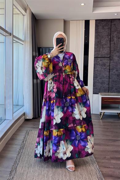 Çiçek Desenli Yarım Patlı Elbise Mor