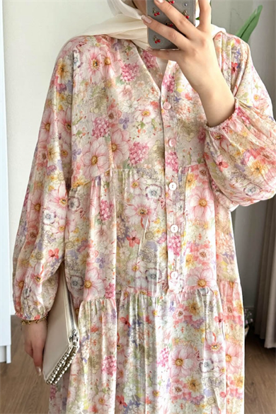 Çiçek Desenli Yarım Patlı Elbise 