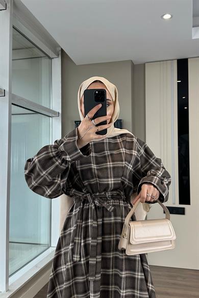 Ekose Desen Elbise Kahverengi