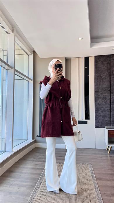 Kapşonlu Yumoş Yelek Bordo