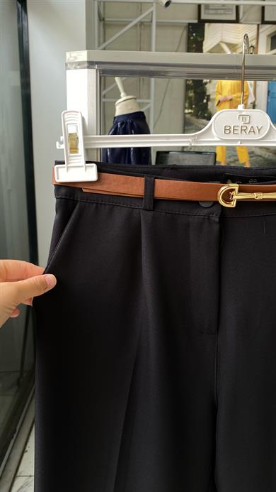 Kemerli Bol Paça Pantolon Siyah
