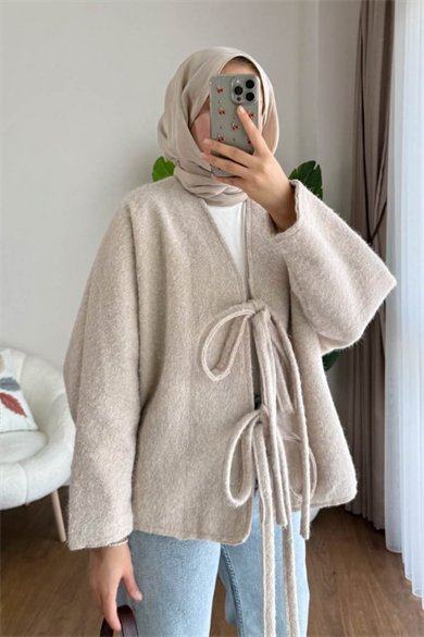 Önü Bağcıklı Kaşmir Ceket Bej