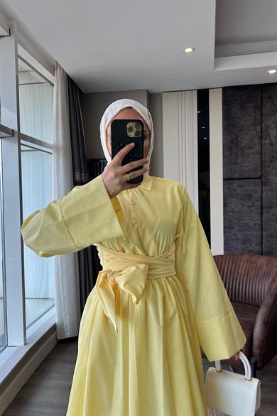 Bağlama Detaylı Poplin Elbise Sarı