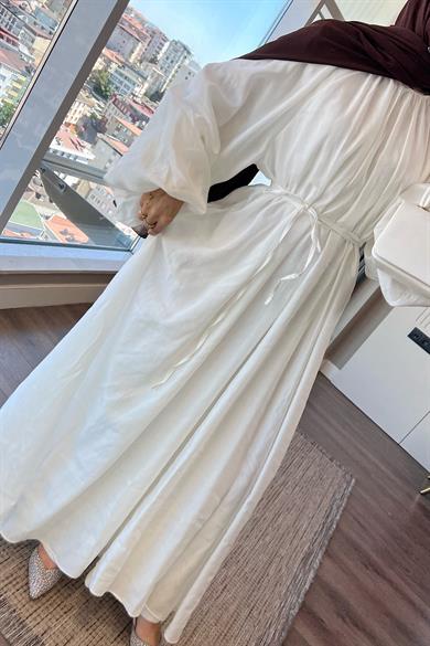 Balon Kol Elbise Beyaz 