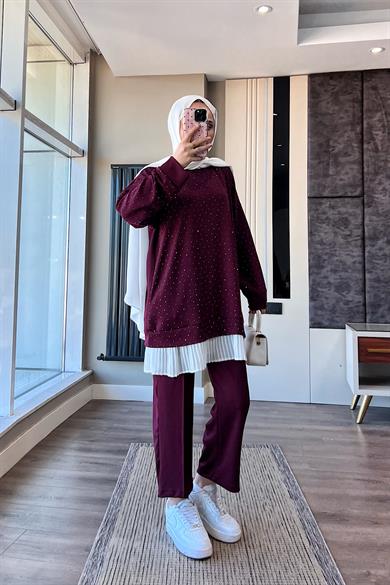 Altı Pileli Üzeri taşlı Takım Bordo 
