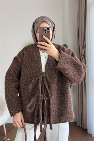 Önü Bağcıklı Kaşmir Ceket Kahverengi
