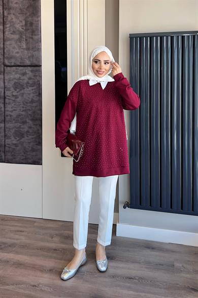 Modal Kumaş Taşlı Sweat Bordo