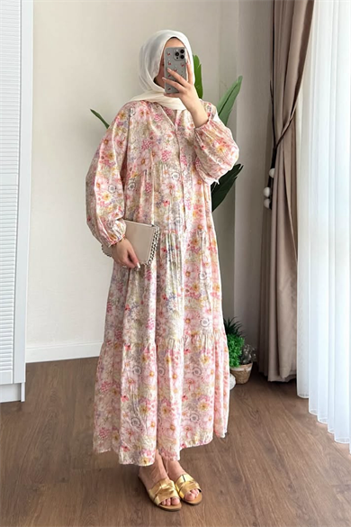 Çiçek Desenli Yarım Patlı Elbise 