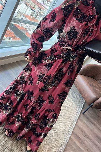 Çiçek Desenli Elbise Bordo