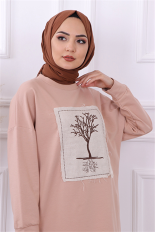 Ağaç Nakışlı Sweat Koyu Krem